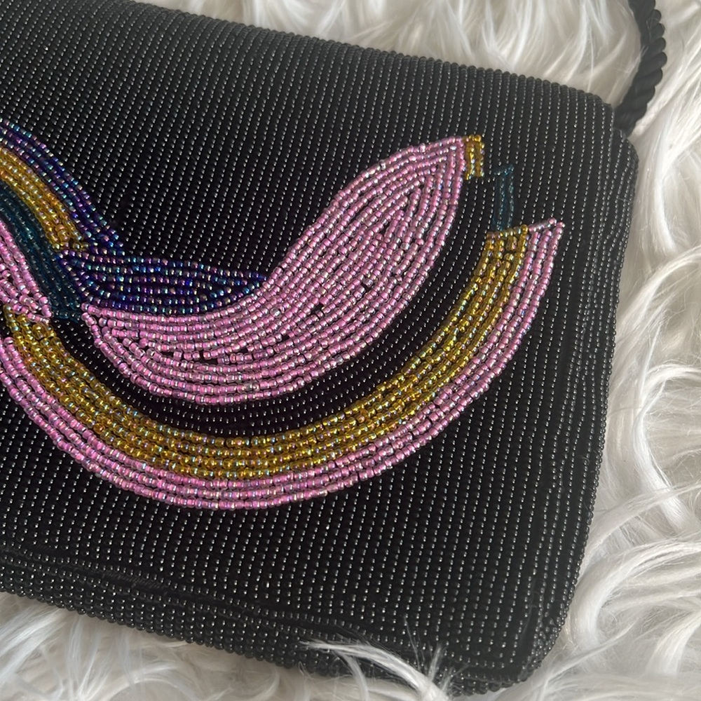 Vintage Black Beaded Crossbody Purse with Cord Strap